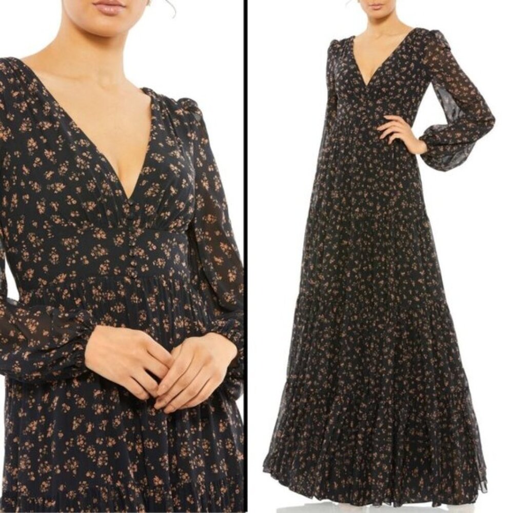 NWT Mac Duggal 55431 Black Floral Tiered Peasant Gown Size 4